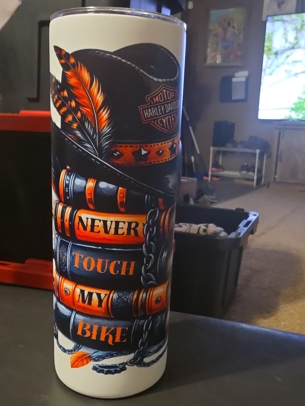 Harley-Davidson Orange & Black 'Never Touch My Bike' Travel Tumbler